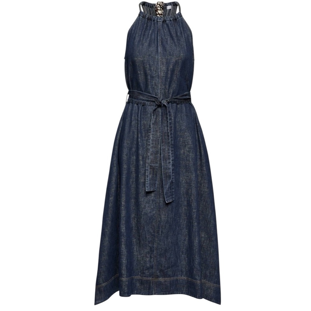 NWT Brunello Cucinelli Monili Trim Metallic Denim Belted Midi Dress S